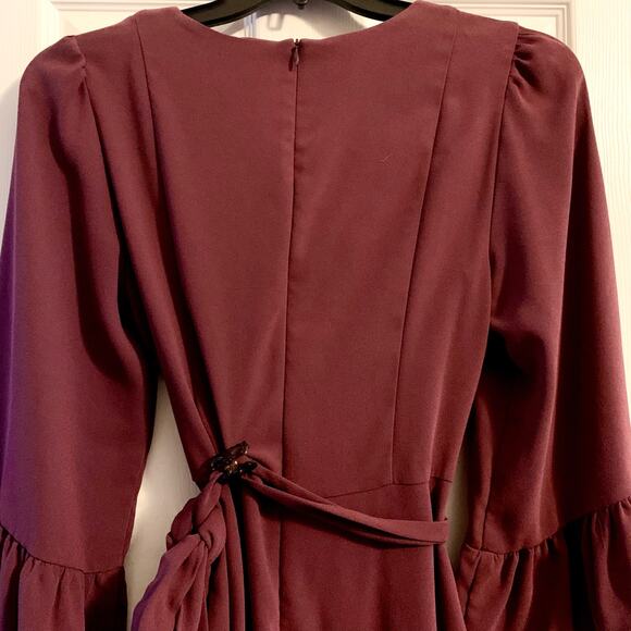 Drew Mai Drape Sleeve & Ruffle Mini Dress Medium Women Burgundy Wine Tie Wrap - Picture 12 of 16